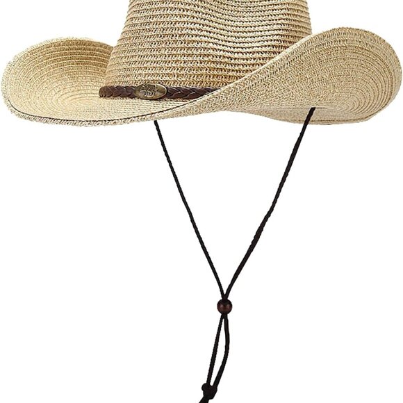Straw Cowboy Hat Unisex Wide Brim Cowgirl Beach Sun Hat Holiday - Picture 1 of 6